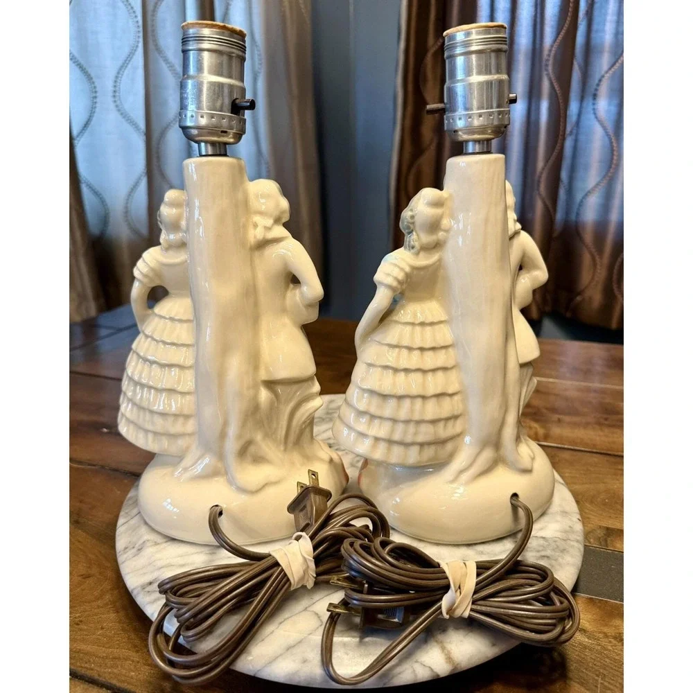 2 VTG 60s Porcelain Restoration Rococo Lights Couple Lamps‎ Vanity Boudoir Table